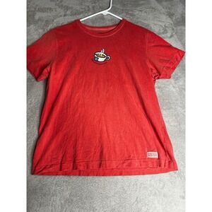 Life is Good Womens T Shirt Red Coffee Tea Cup Graphic Print Short Sleeve Size M